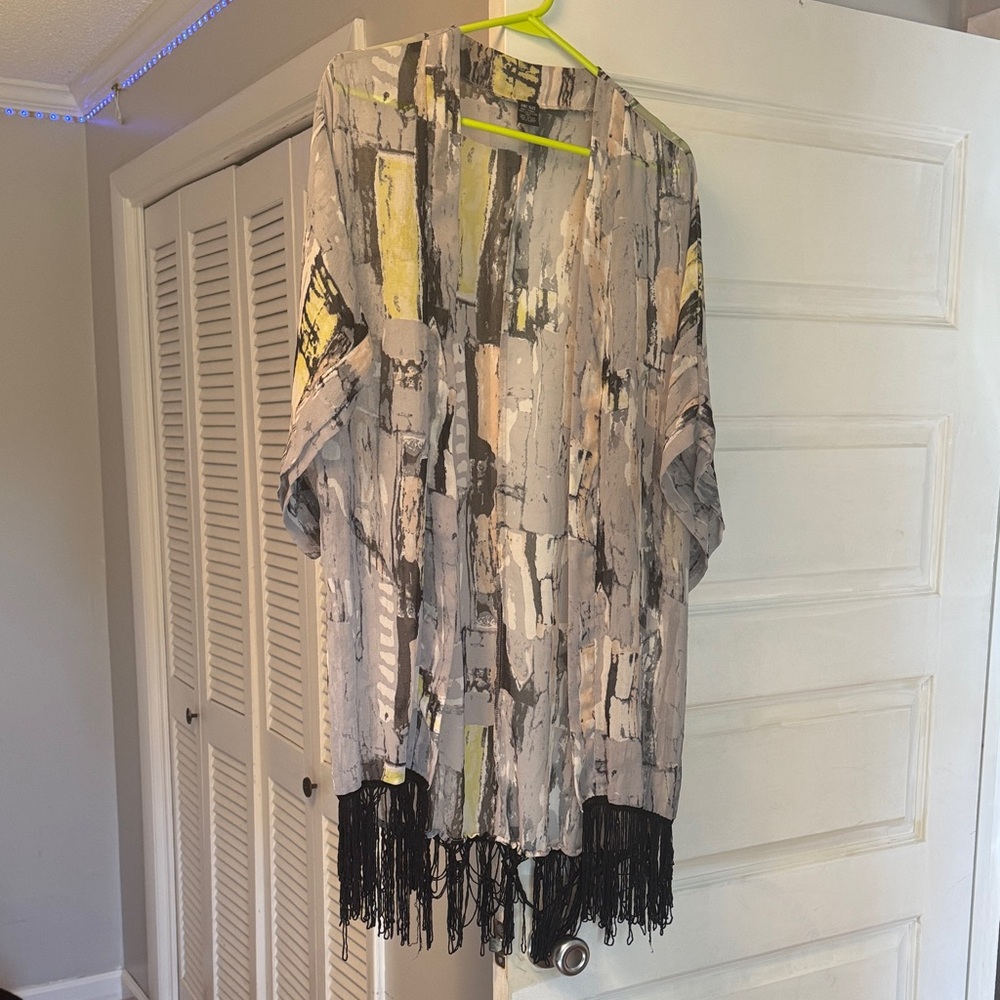 Modern Abstract Kimono with Black Fringe OS